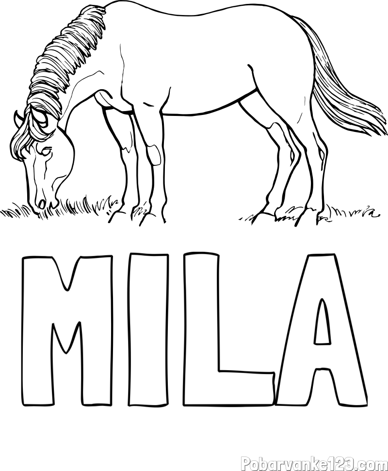 Pobarvanka imena MILA in pobarvanka konja med pašo
