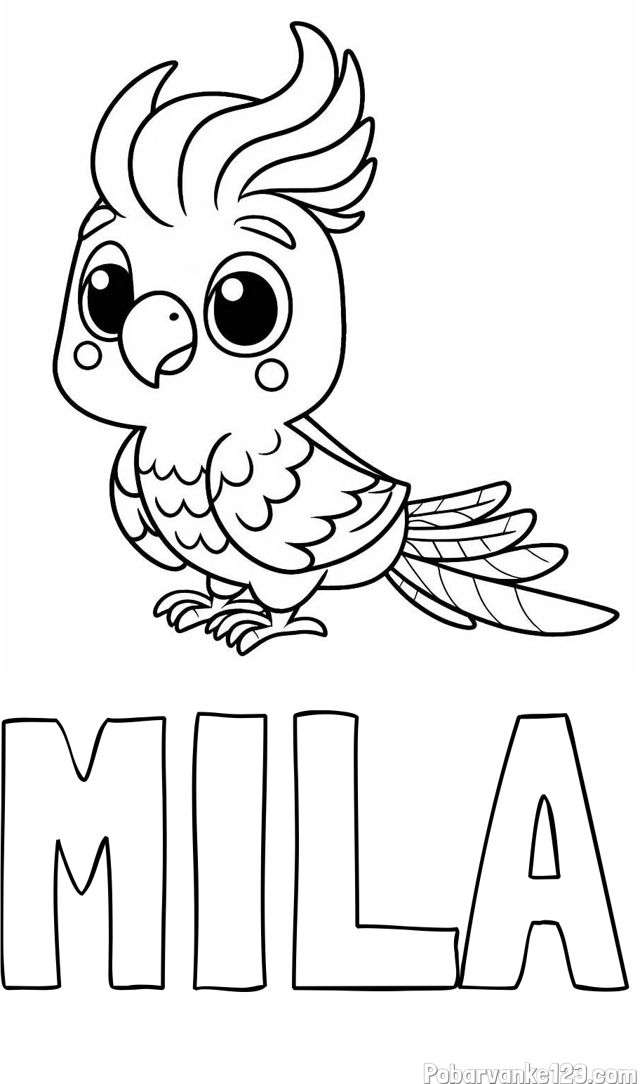 Pobarvanka imena MILA in pobarvanka ljubke papige