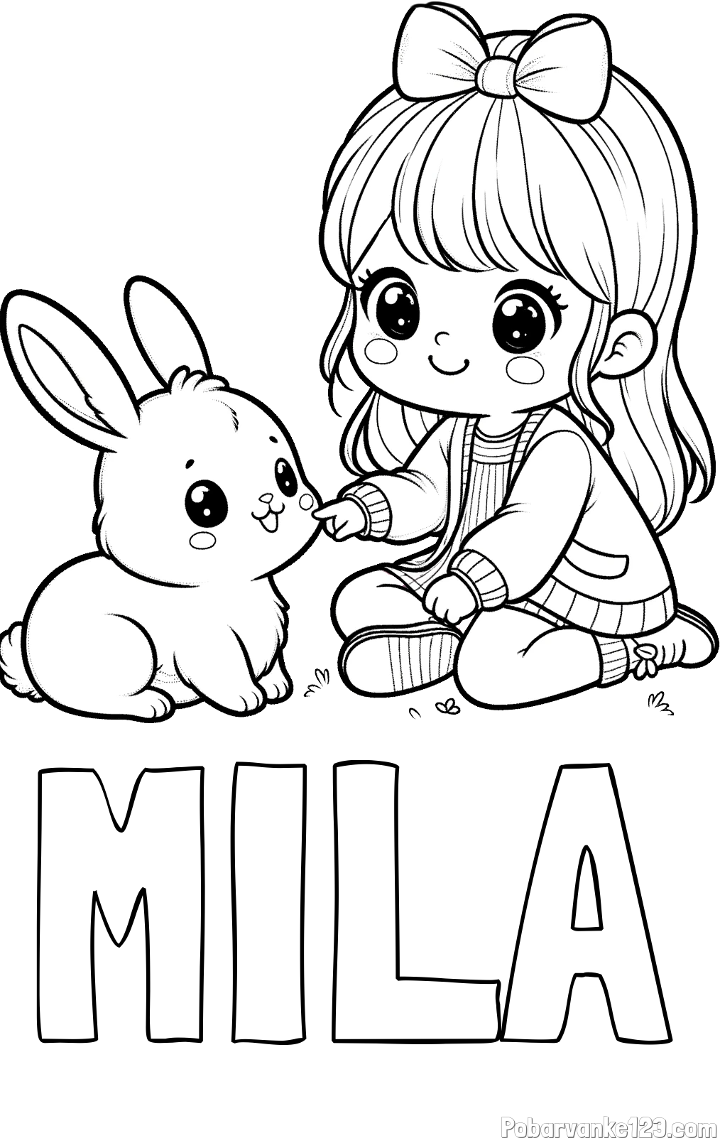 Pobarvanka imena MILA in pobarvanka ljubke punčke, ki se igra z zajčkom