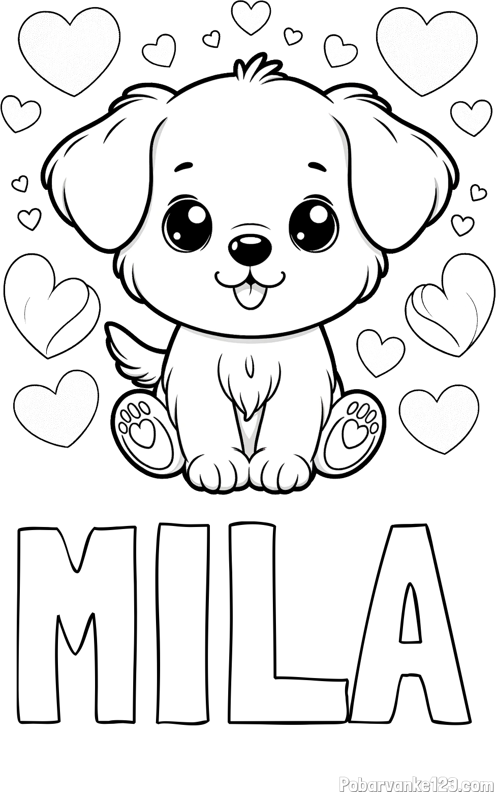 Pobarvanka imena MILA in pobarvanka ljubkega kužka obdanega s srčki