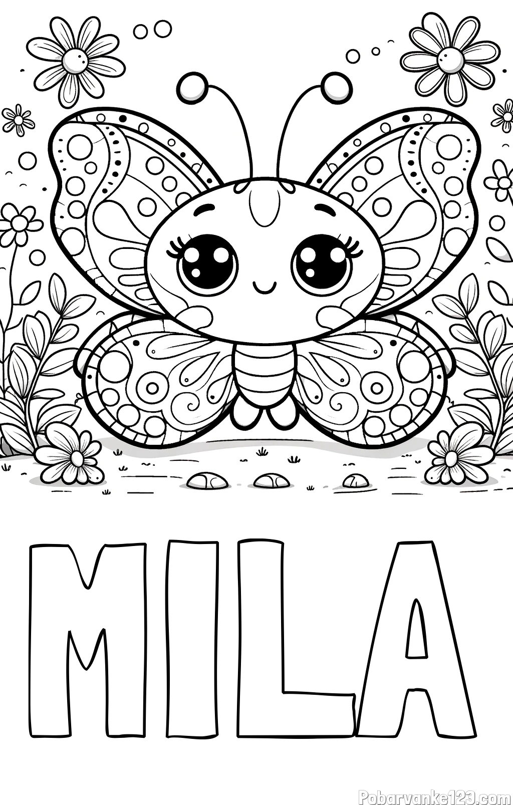 Pobarvanka imena MILA in pobarvanka ljubkega metuljčka
