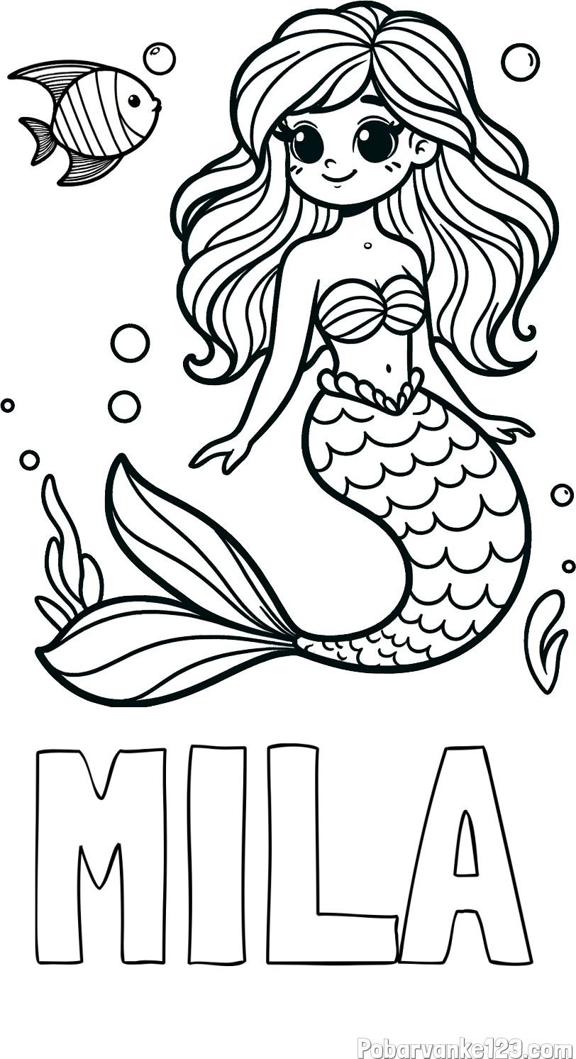 Pobarvanka imena MILA in pobarvanka male morske deklice in ribice