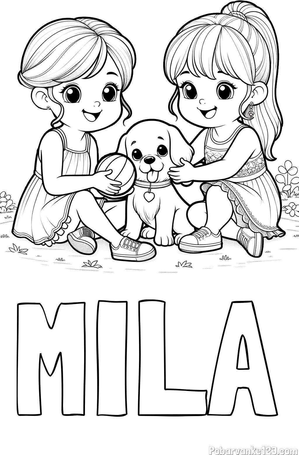 Pobarvanka imena MILA in pobarvanka prijateljic s kužkom