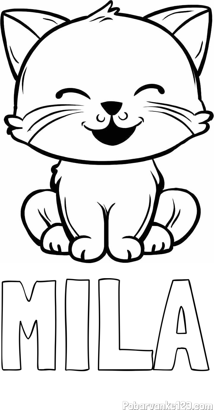 Pobarvanka imena MILA in pobarvanka prikupne mačke