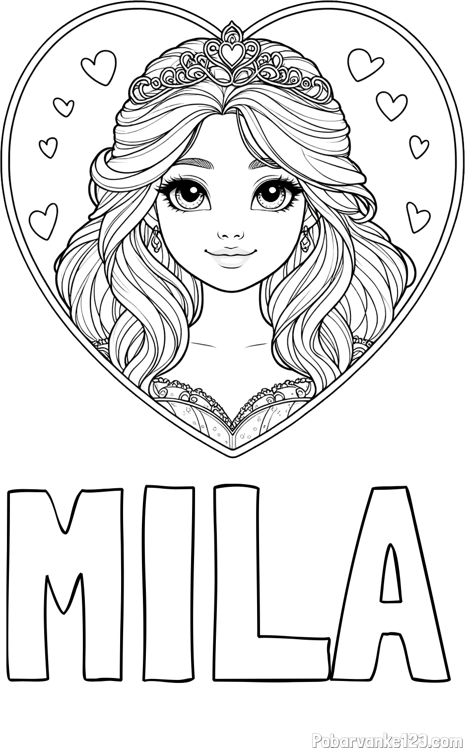 Pobarvanka imena MILA in pobarvanka princeske ter srčkov