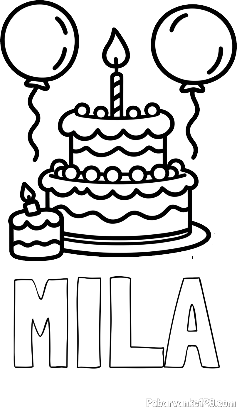 Pobarvanka imena MILA in pobarvanka velike rojstnodnevne torte