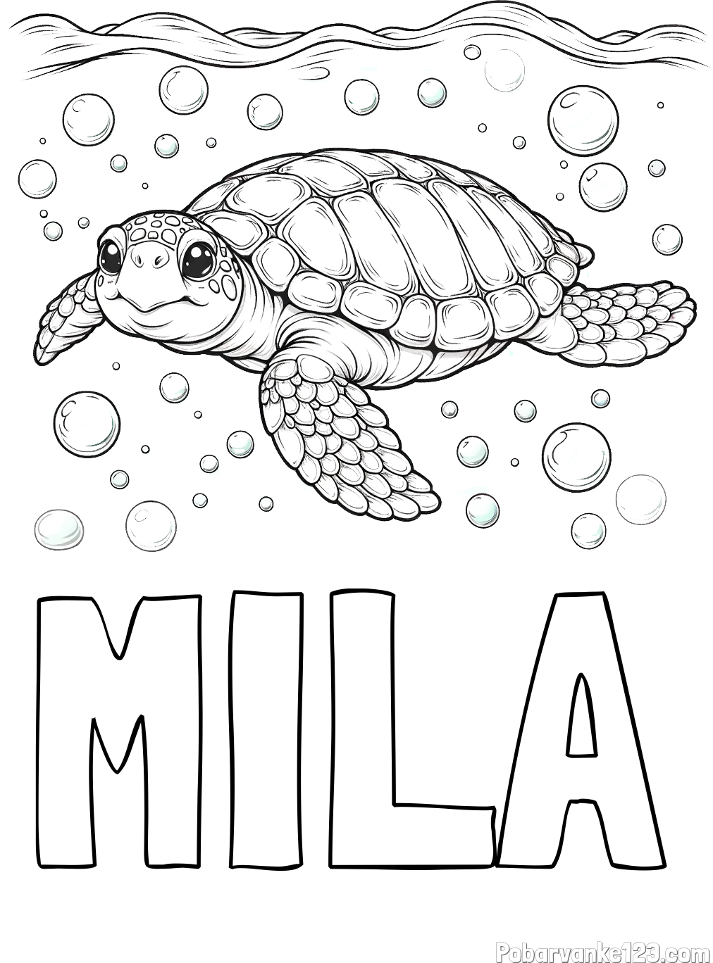 Pobarvanka imena MILA in pobarvanka želve v morju
