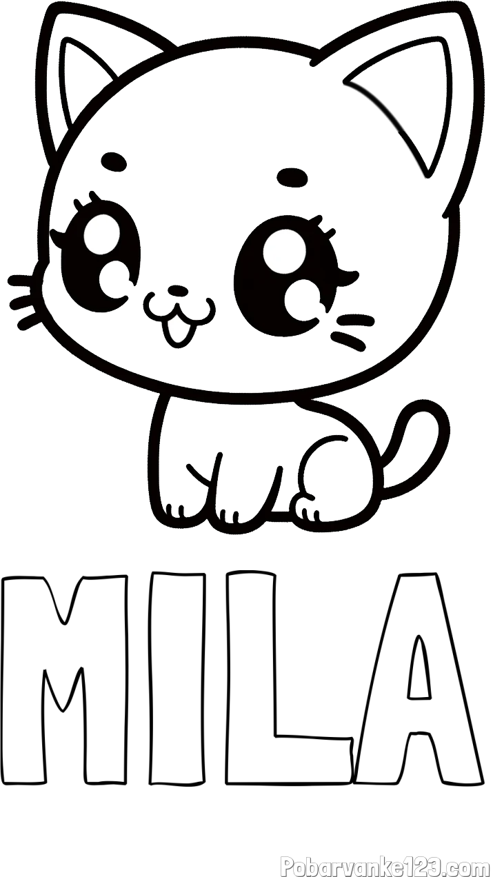 Pobarvanka imena MILA in pobarvnaka ljubke muce v anime slogu