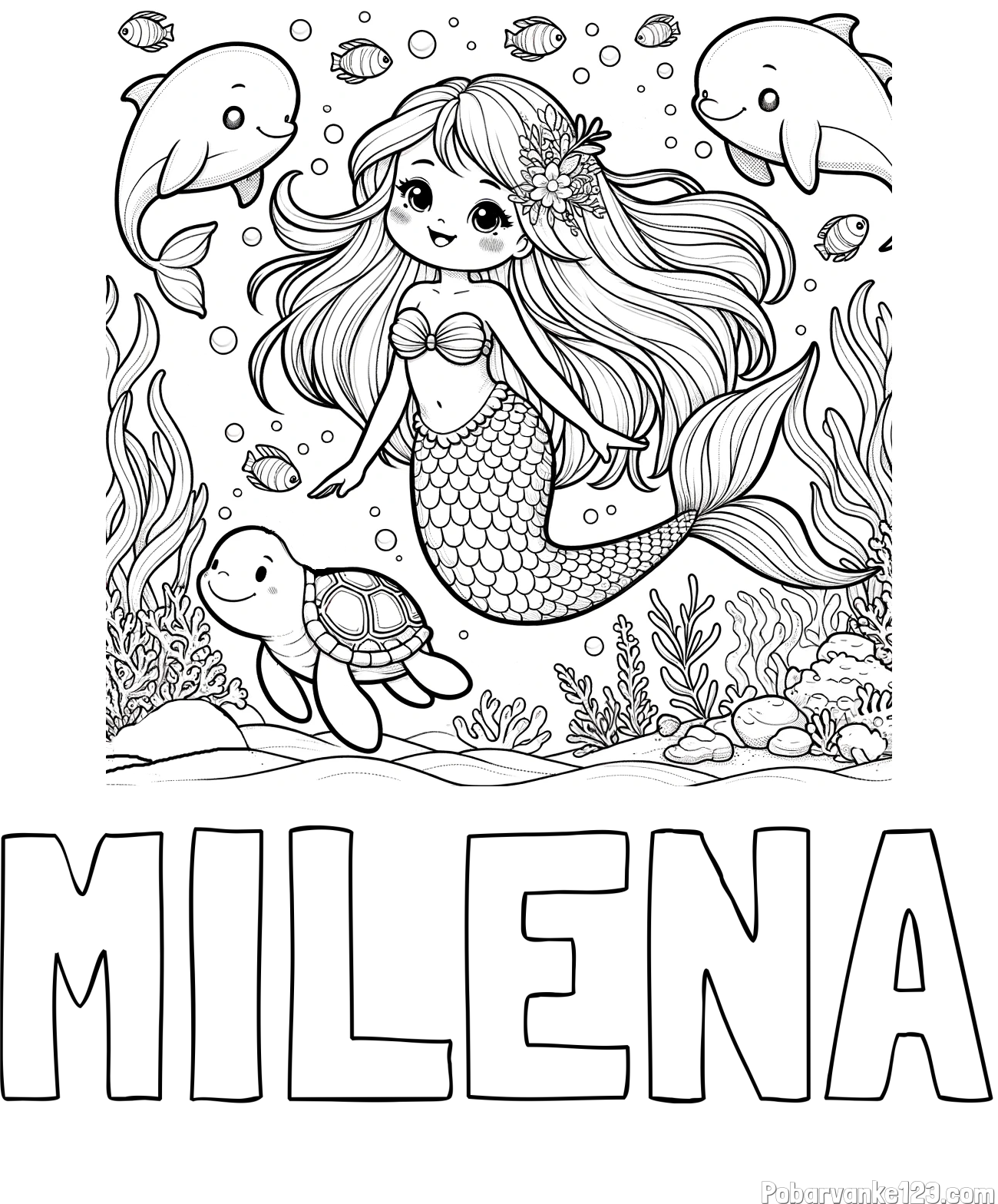 Pobarvanka imena MILENA in pobarvana ljubke morske deklice s prijatelji