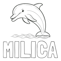 Online izdelana pobarvanka - Pobarvanka imena MILICA in otroška pobarvanka nasmejanega delfina v skoku