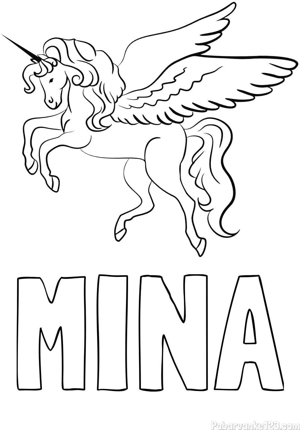 Pobarvanka imena MINA in lepa pobarvanka samoroga