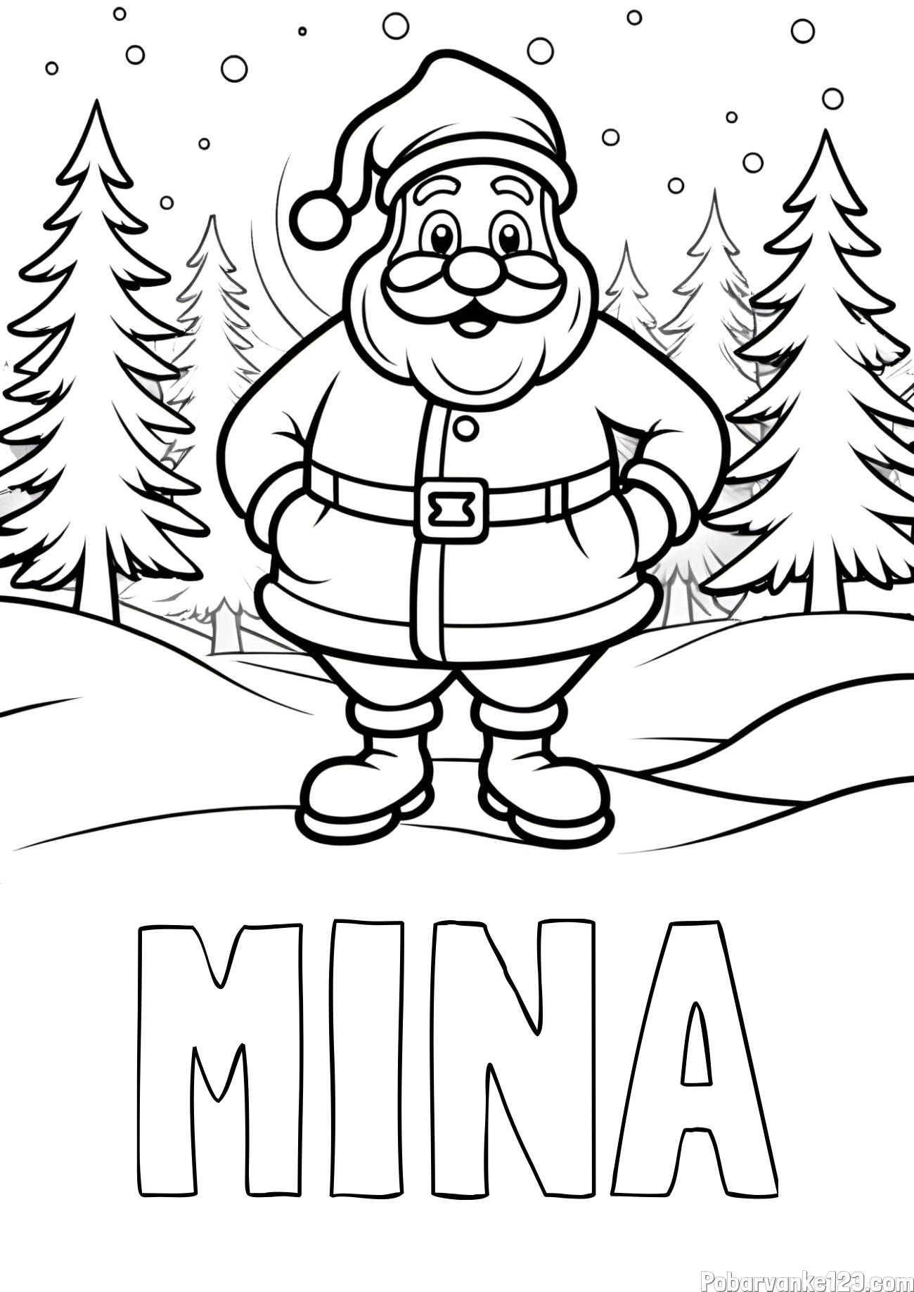 Pobarvanka imena MINA in pobarvanka Božička v gozdu