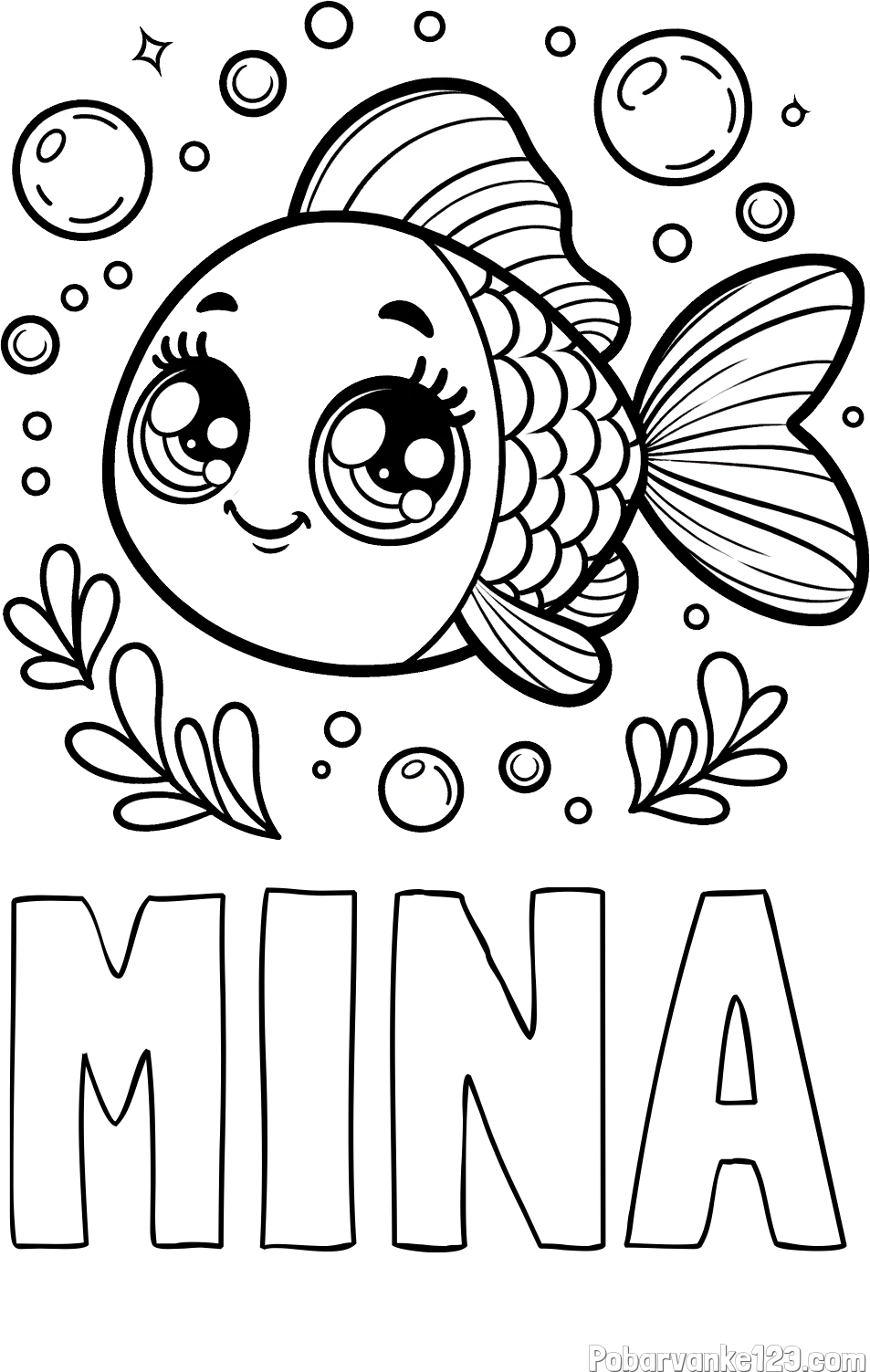 Pobarvanka imena MINA in pobarvanka prisrčne ribice