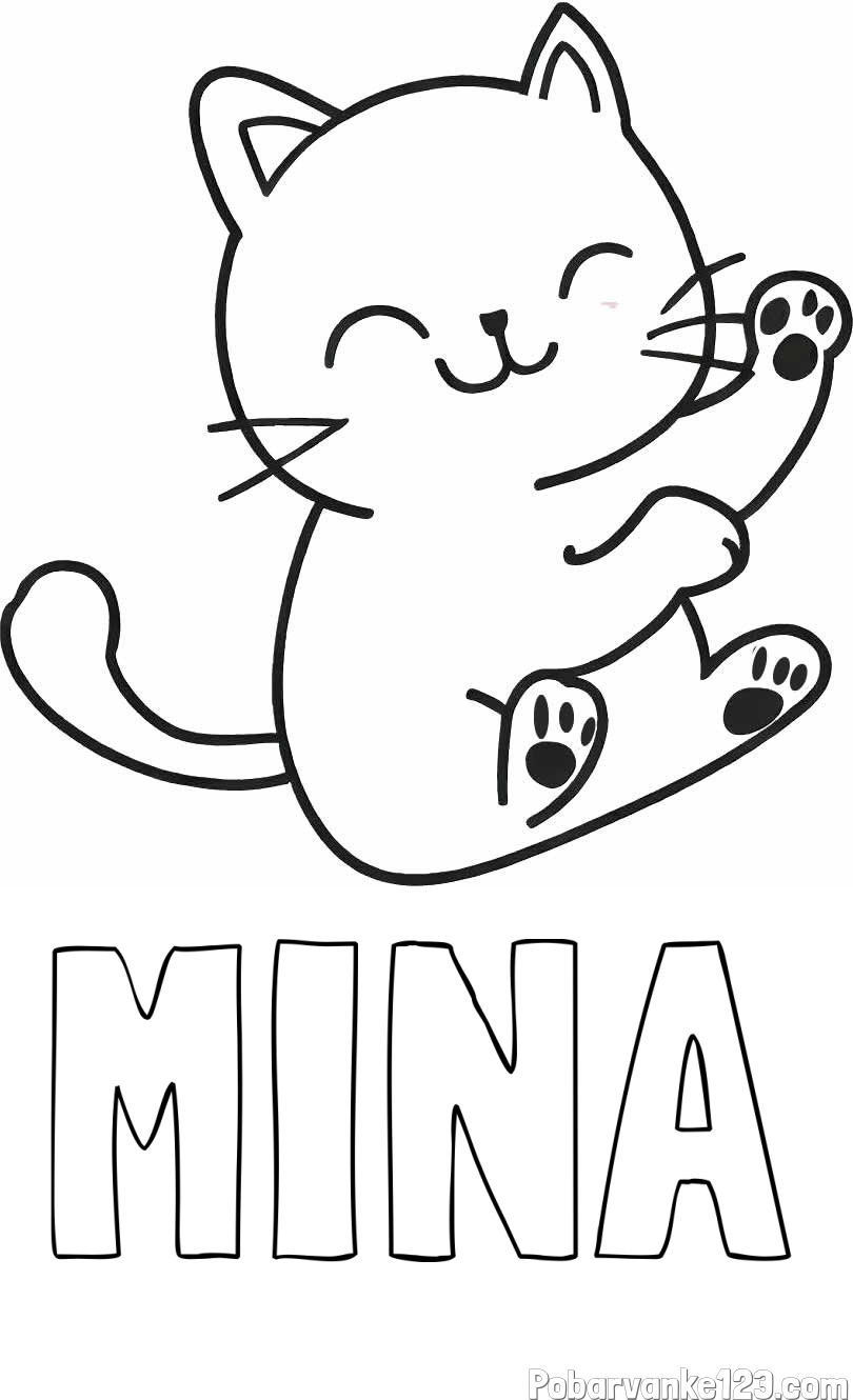 Pobarvanka imena MINA in pobarvanka razigranega mucka