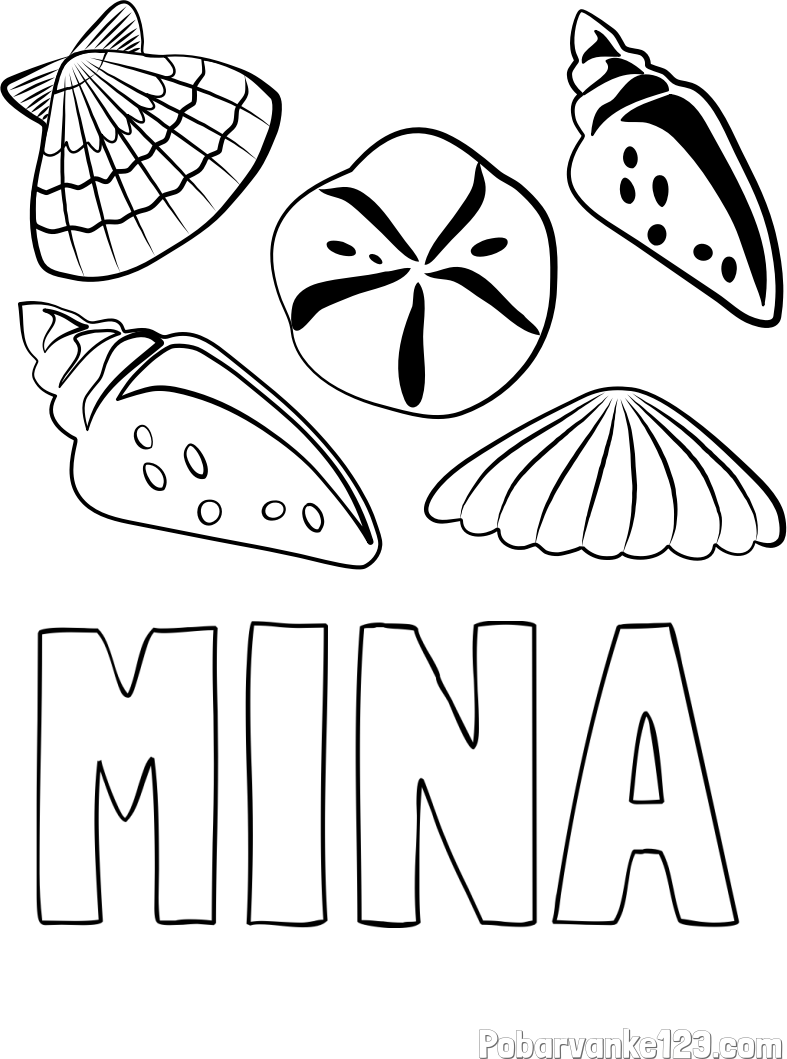 Pobarvanka imena MINA in pobarvanka različnih školjk