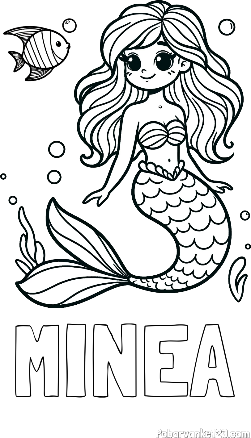 Pobarvanka imena MINEA in pobarvanka male morske deklice in ribice