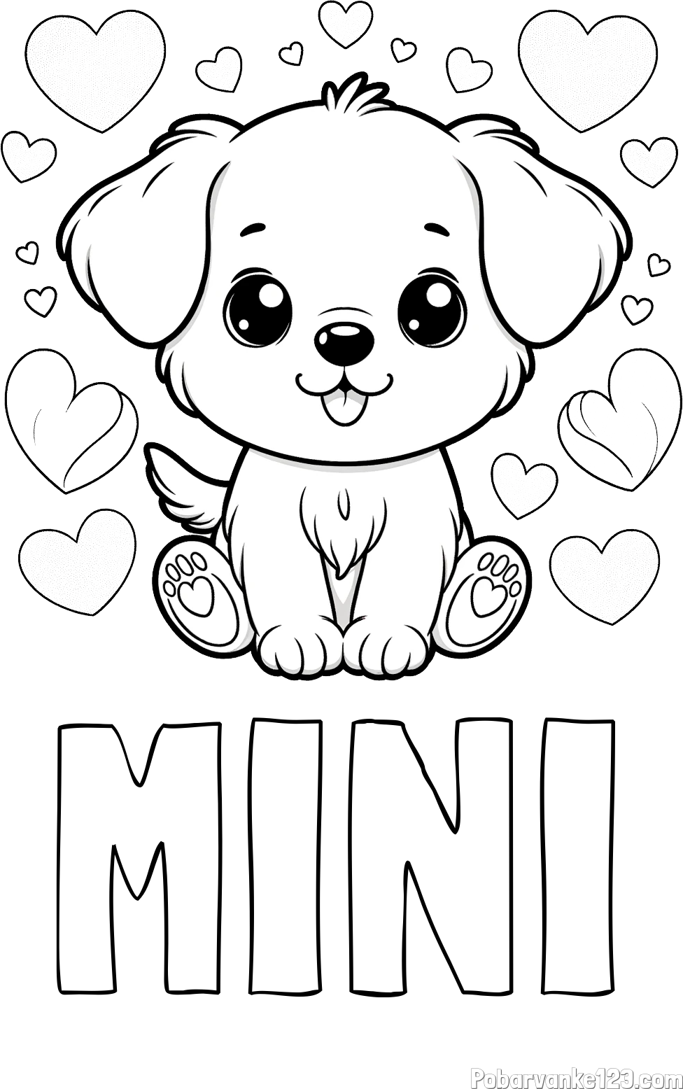 Pobarvanka imena MINI in pobarvanka ljubkega kužka obdanega s srčki