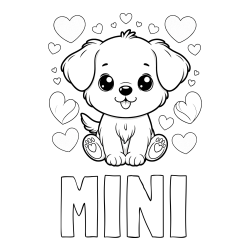 Online izdelana pobarvanka - Pobarvanka imena MINI in pobarvanka ljubkega kužka obdanega s srčki