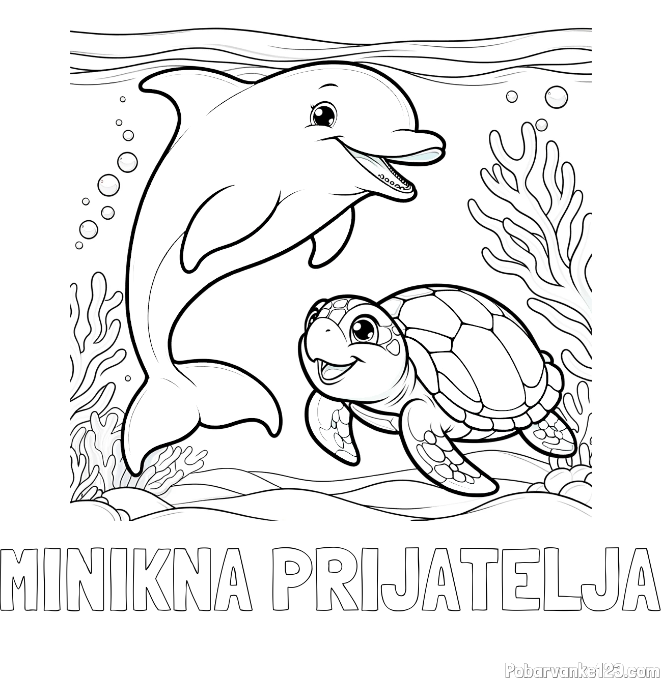 Pobarvanka imena MINIKNA PRIJATELJA in pobarvanka ljubkega delfina z želvo v morju