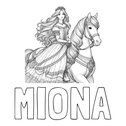 Online izdelana pobarvanka - Pobarvanka imena MIONA in pobarvanka nasmejana princese na konju