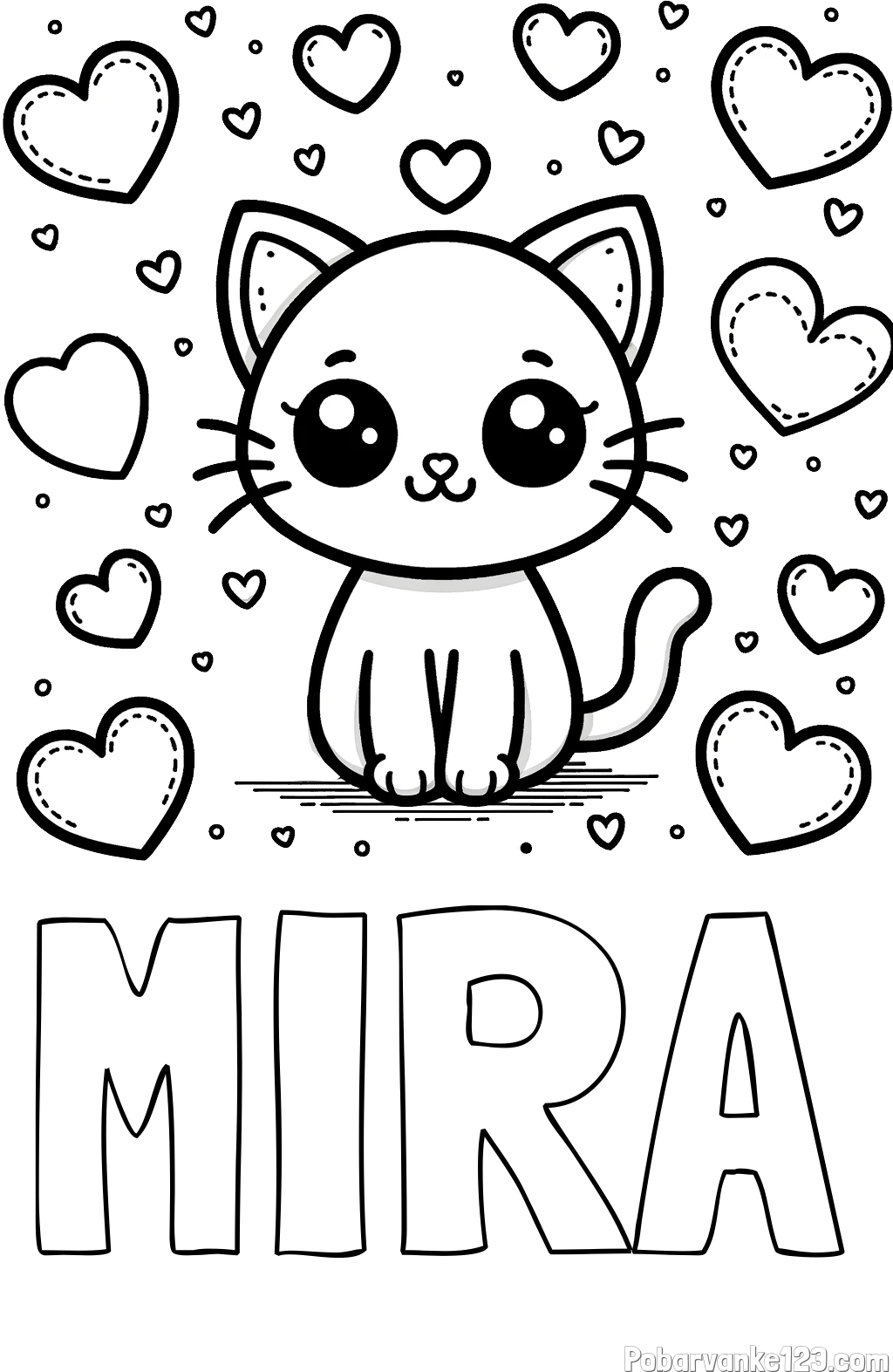 Pobarvanka imena MIRA in pobarvanka ljubke mucke obdane z veliko srčki