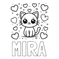 Online izdelana pobarvanka - Pobarvanka imena MIRA in pobarvanka ljubke mucke obdane z veliko srčki