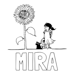 Online izdelana pobarvanka - Pobarvanka imena MIRA in pobarvanka velike sončnice, deklice in ljubkega mačka