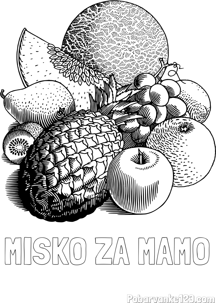 Pobarvanka imena MIŠKO ZA MAMO in pobarvanka sadja (ananas, melona, jabolka, kivi, grozdje, pomaranča...)