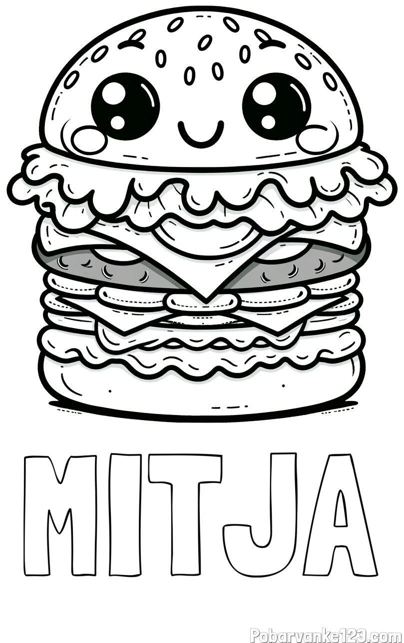 Pobarvanka imena MITJA in otroška pobarvanka nasmejanega hamburgerja