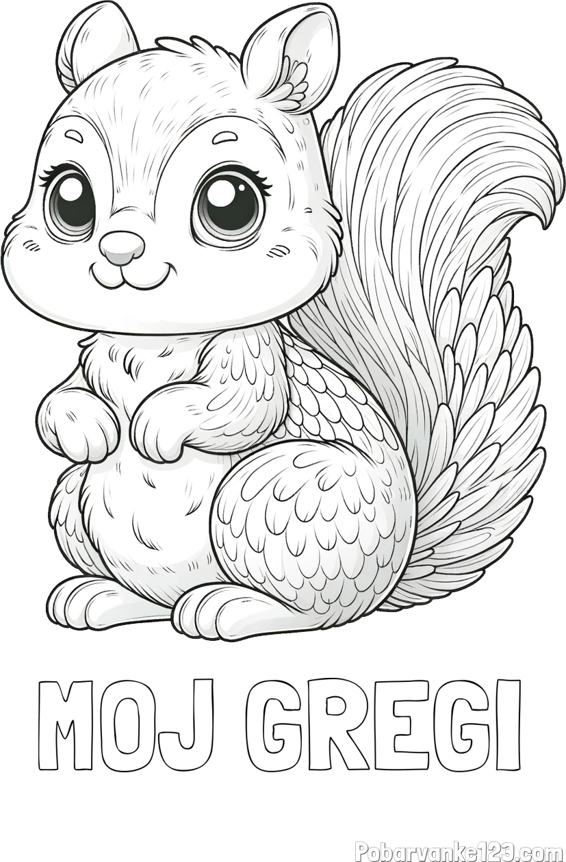 Pobarvanka imena MOJ GREGI in pobarvanka ljubke in nasmejane veverice