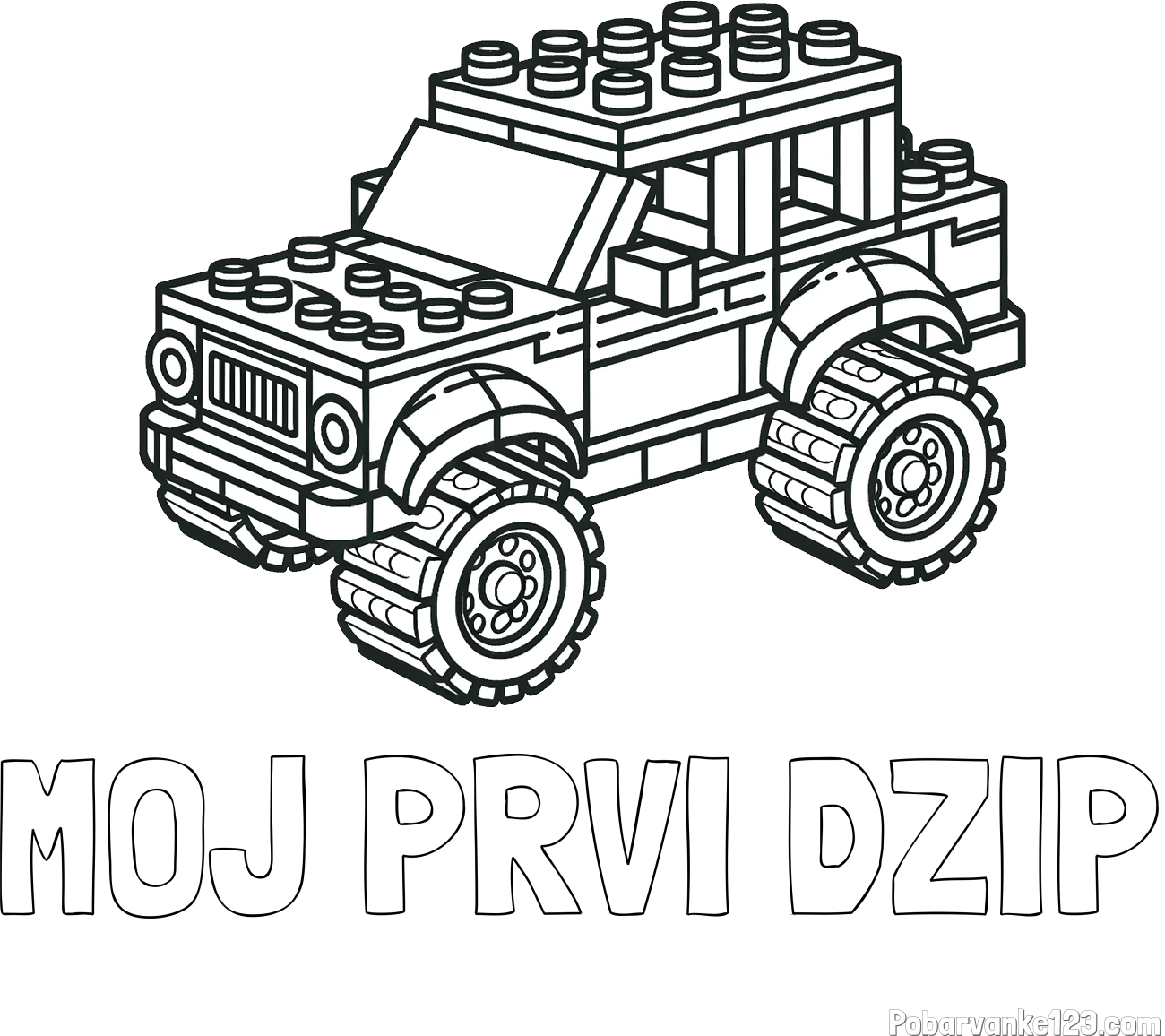 Pobarvanka imena MOJ PRVI DŽIP in pobarvanka džipa sestavljenega iz LEGO kock