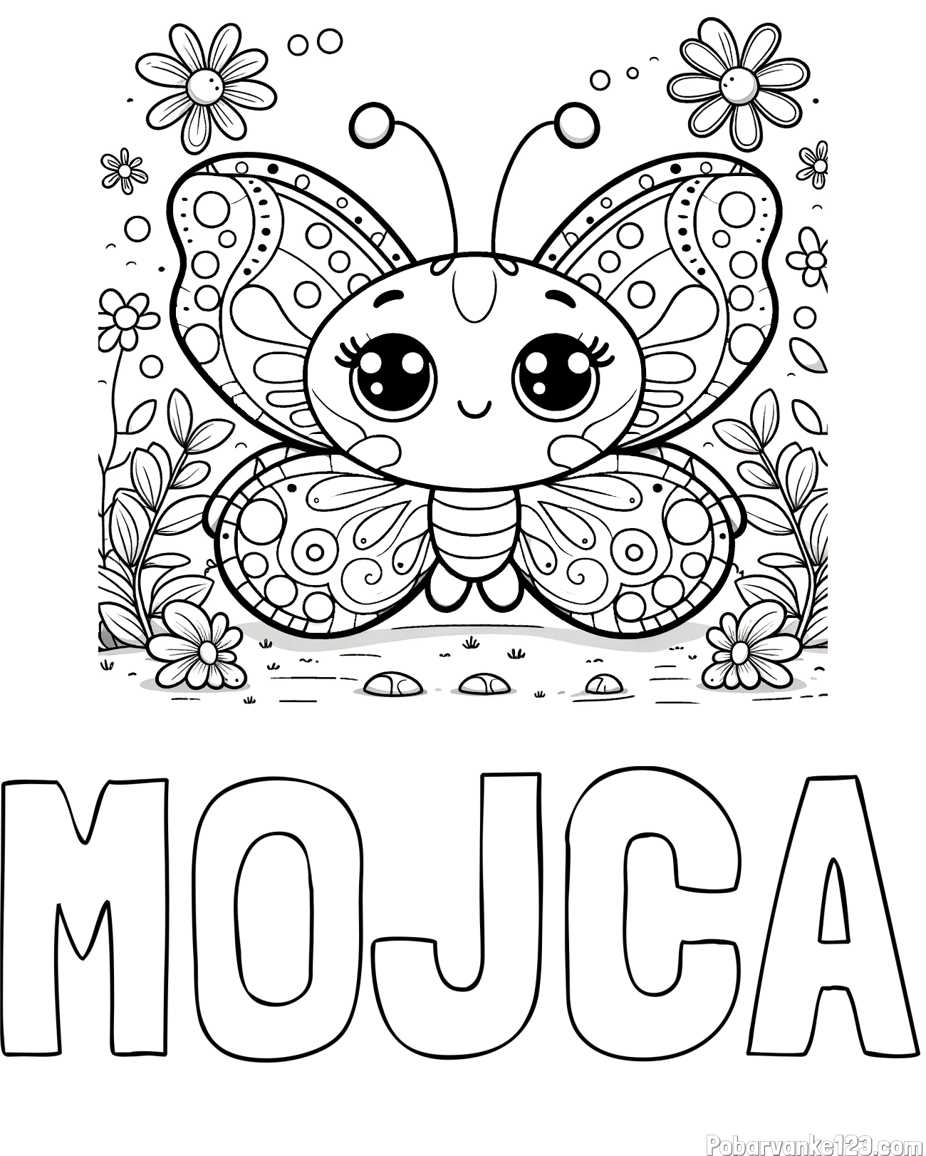 Pobarvanka imena MOJCA in pobarvanka ljubkega metuljčka