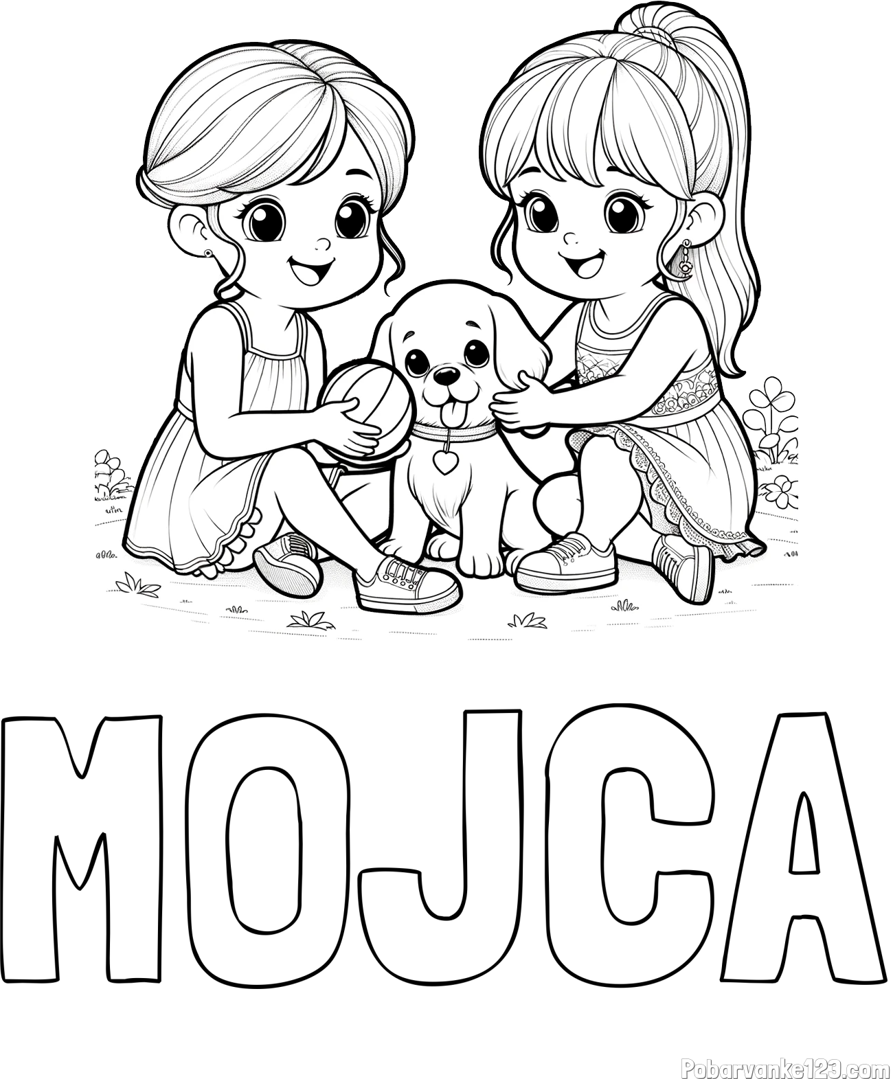 Pobarvanka imena MOJCA in pobarvanka prijateljic s kužkom