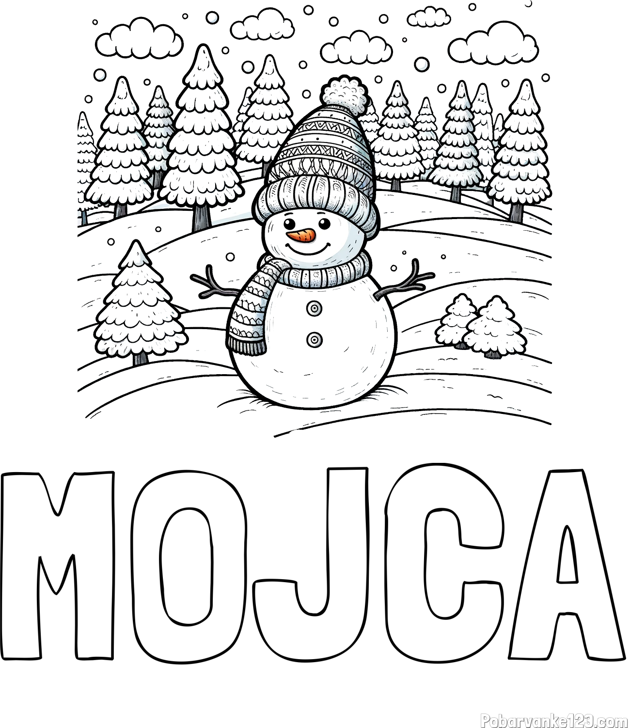 Pobarvanka imena MOJCA in pobarvanka snežaka v naravi obdanega z zasneženimi smrekami