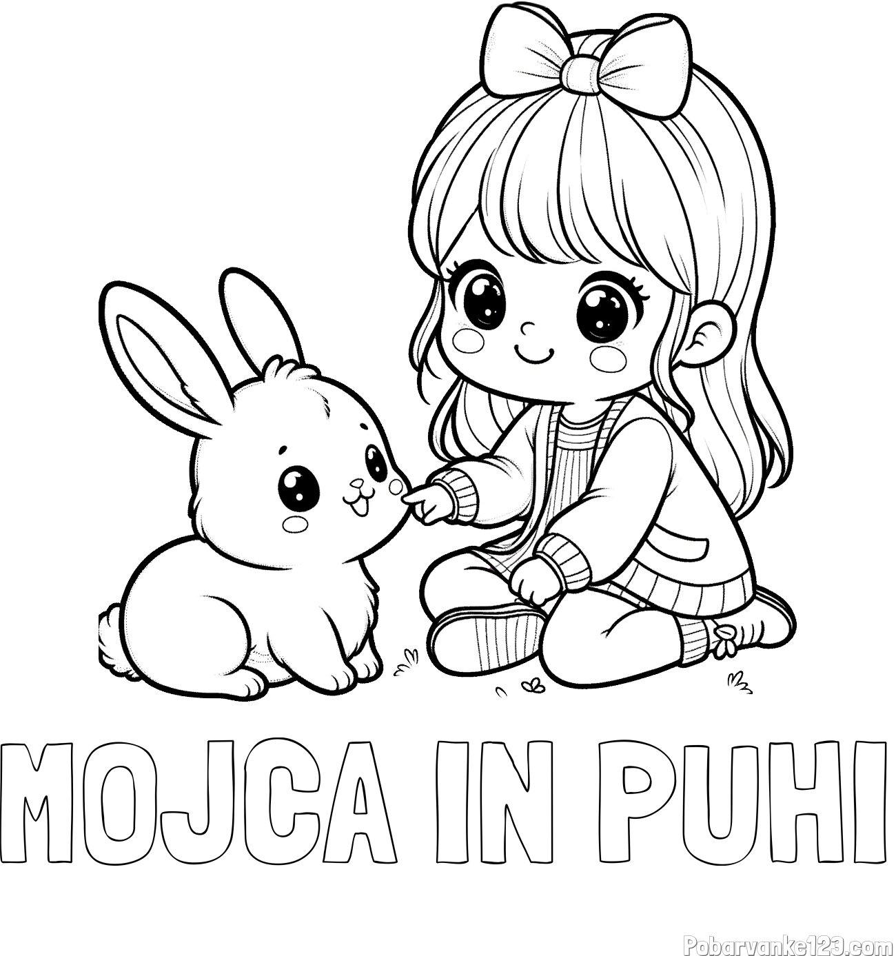 Pobarvanka imena MOJCA IN PUHI in pobarvanka ljubke punčke, ki se igra z zajčkom