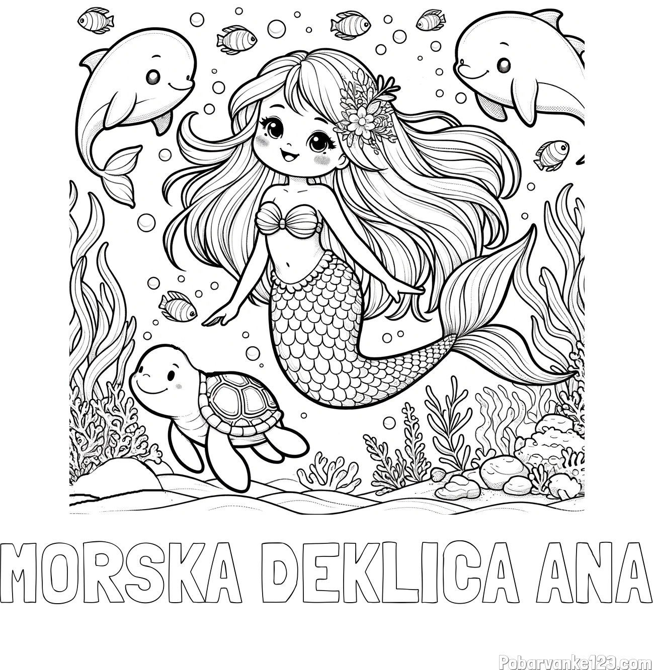 Pobarvanka imena MORSKA DEKLICA ANA in pobarvana ljubke morske deklice s prijatelji