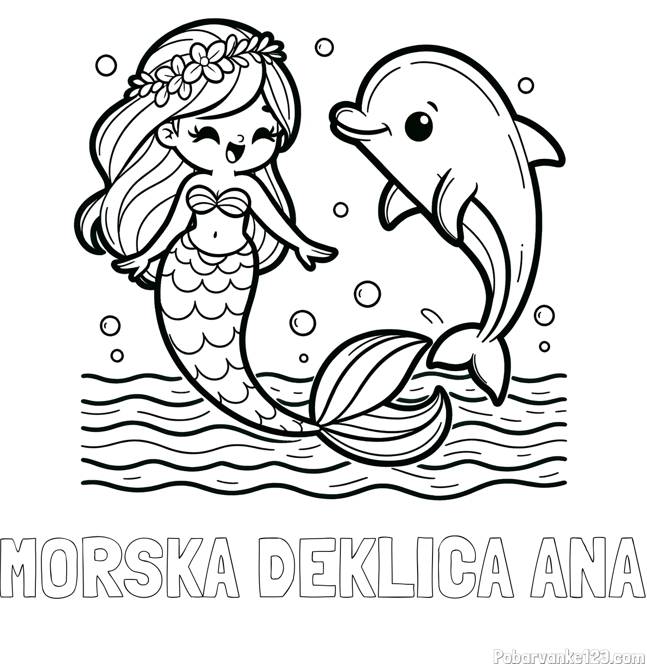 Pobarvanka imena MORSKA DEKLICA ANA in pobarvanka ljubke morske deklice, ki pleše z delfinom