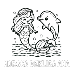 Online izdelana pobarvanka - Pobarvanka imena MORSKA DEKLICA ANA in pobarvanka ljubke morske deklice, ki pleše z delfinom