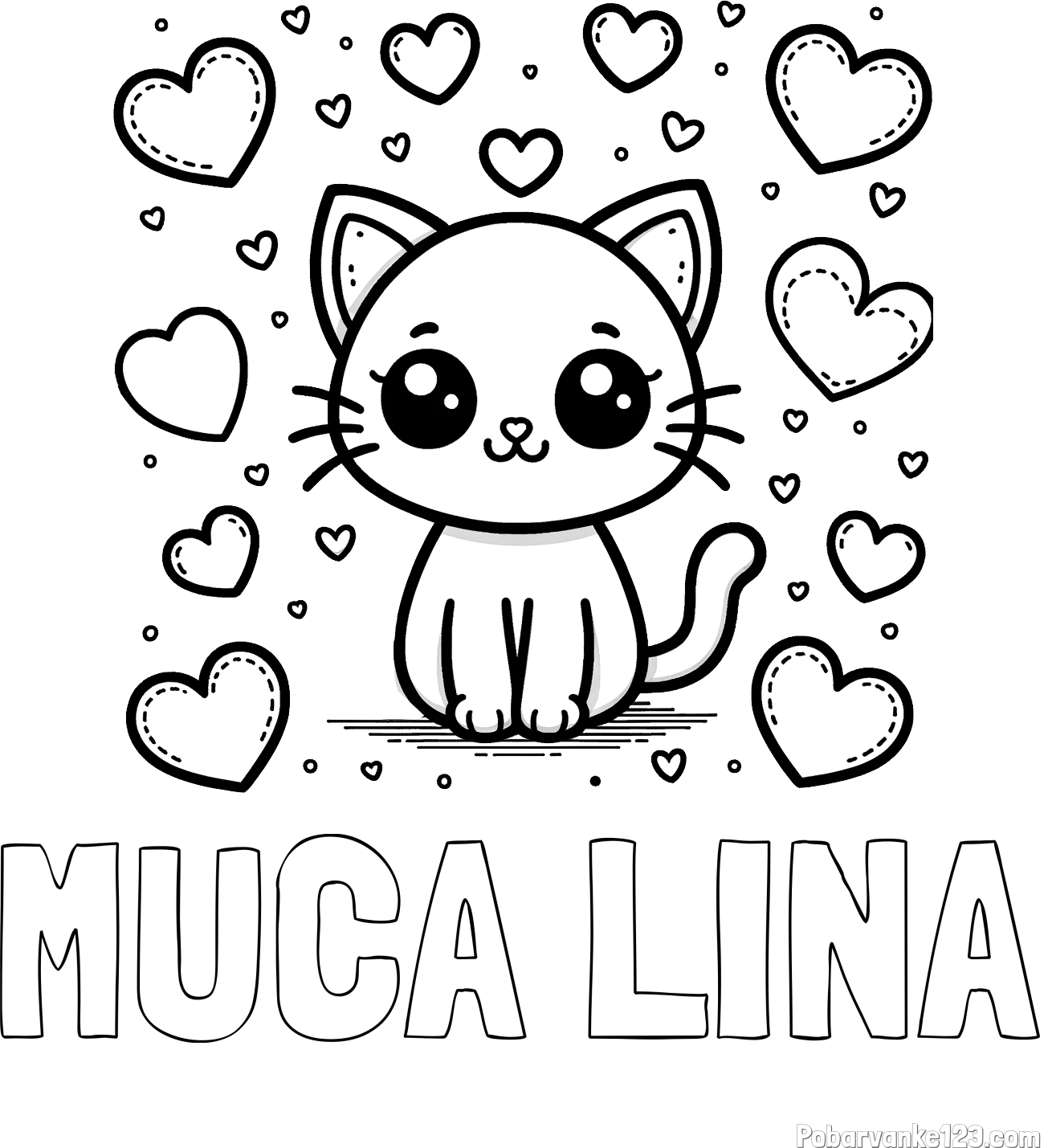 Pobarvanka imena MUCA LINA in pobarvanka ljubke mucke obdane z veliko srčki