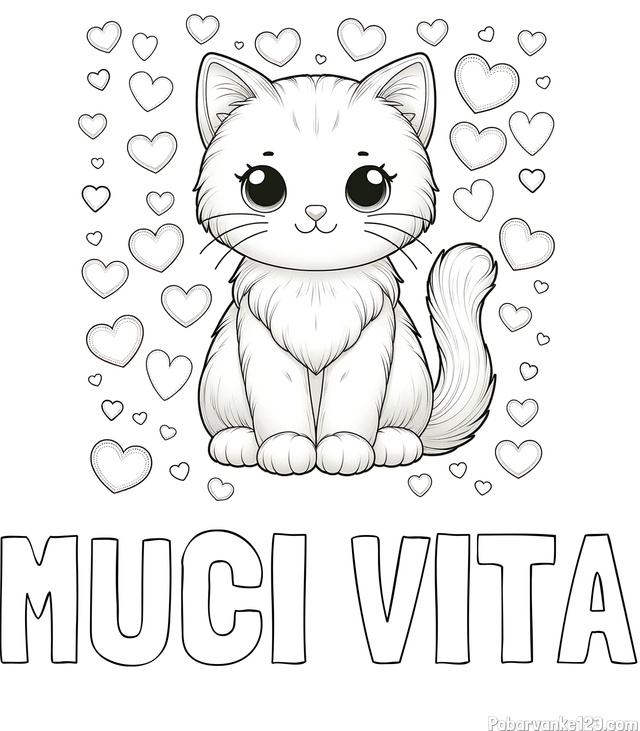 Pobarvanka imena MUCI VITA in pobarvanka ljubke mucke obdane s srčki