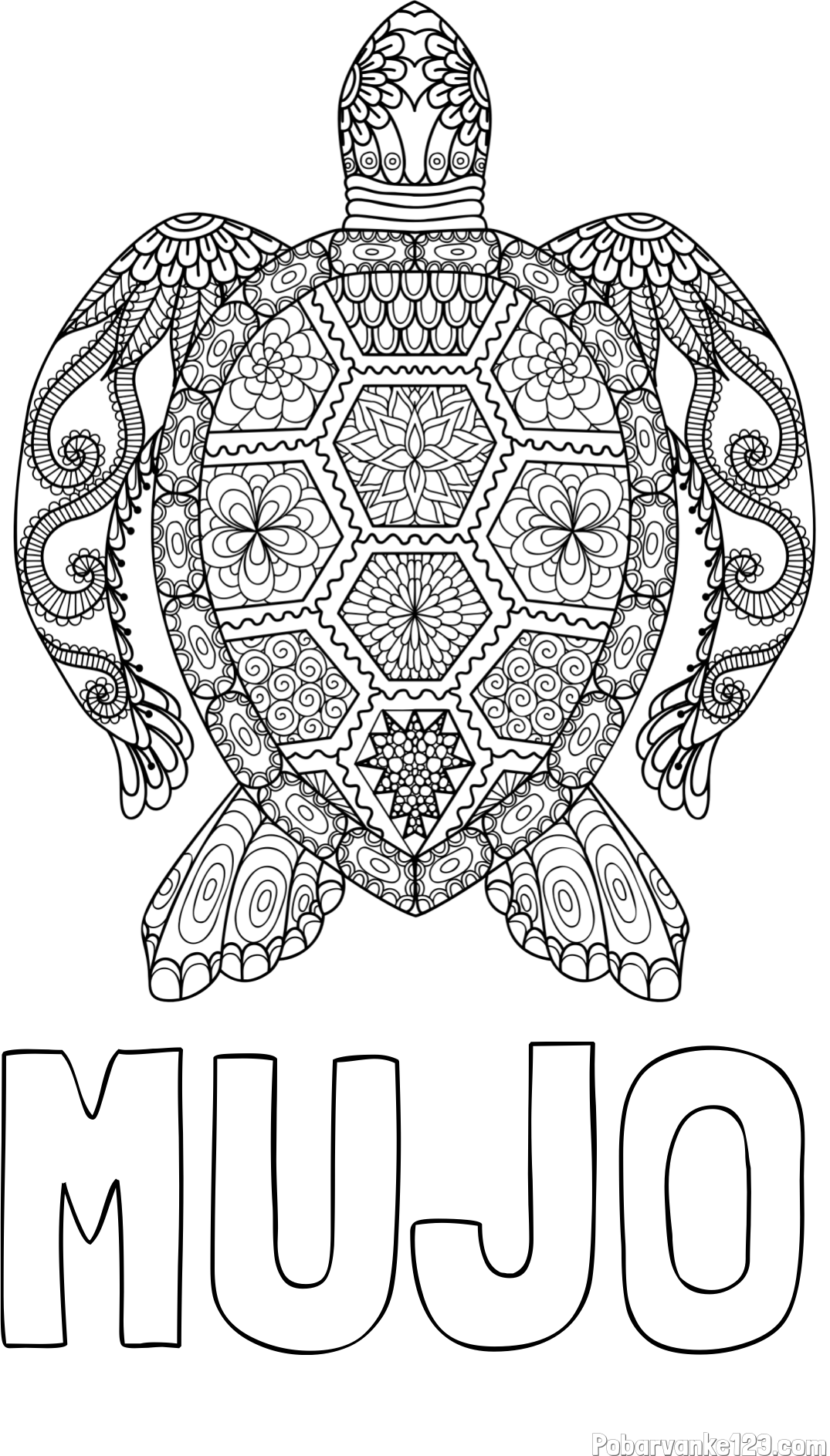 Pobarvanka imena MUJO in pobarvanka želve - mandale
