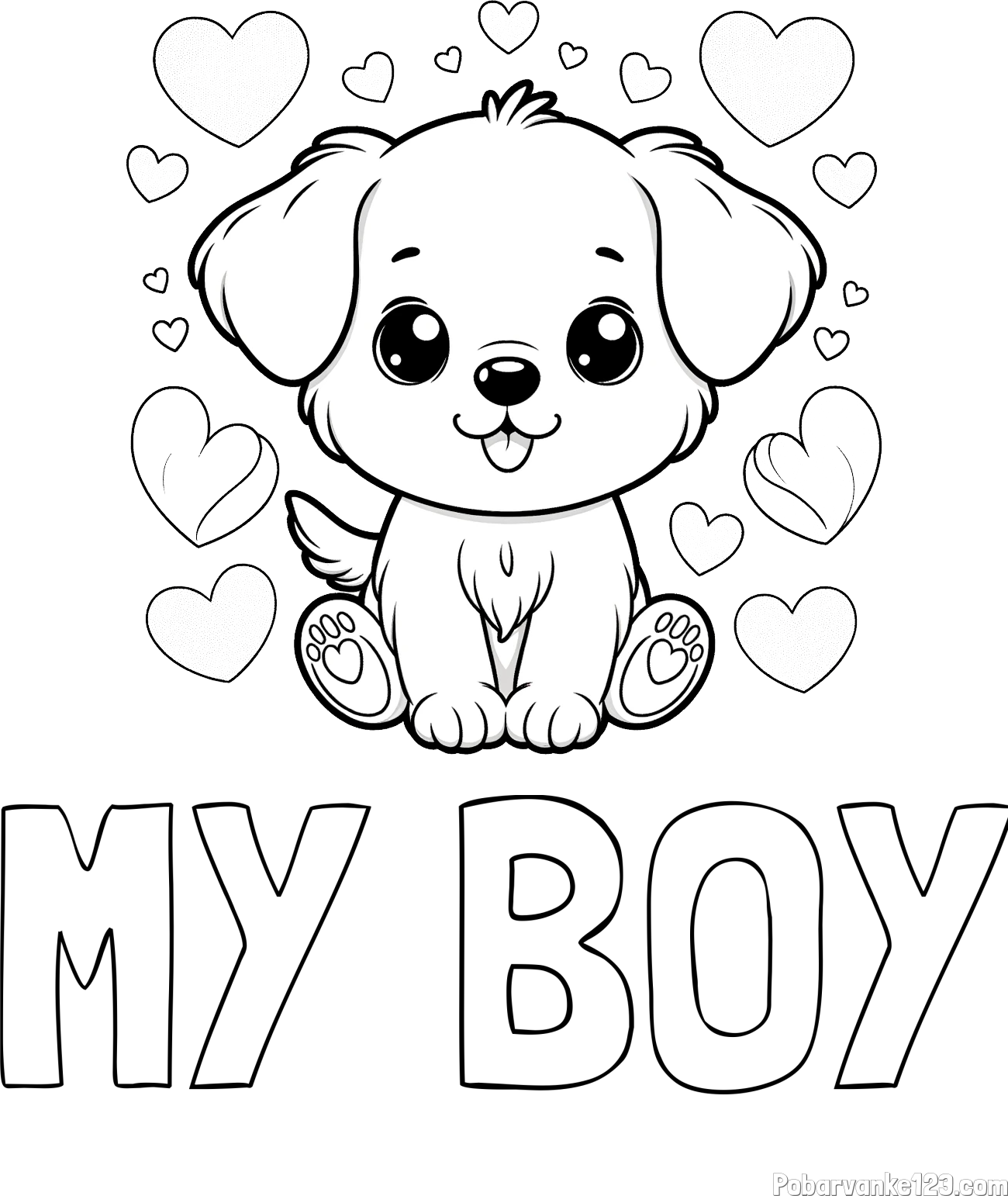 Pobarvanka imena MY BOY in pobarvanka ljubkega kužka obdanega s srčki