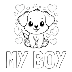 Online izdelana pobarvanka - Pobarvanka imena MY BOY in pobarvanka ljubkega kužka obdanega s srčki