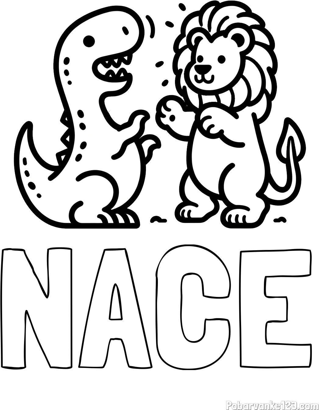 Pobarvanka imena NACE in pobarvanka dinozavra, ki napada leva