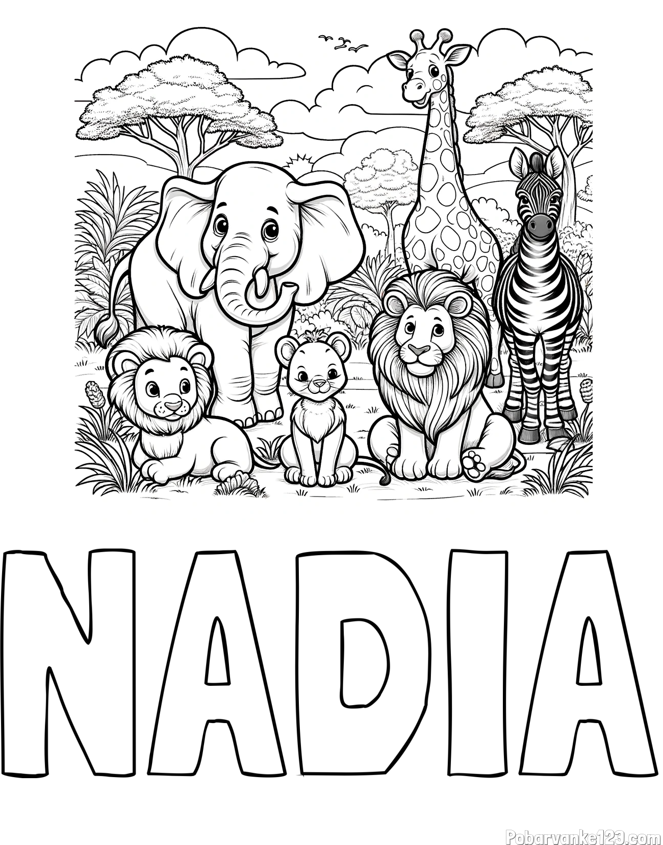 Pobarvanka imena NADIA in pobarvanka ljubkih živali