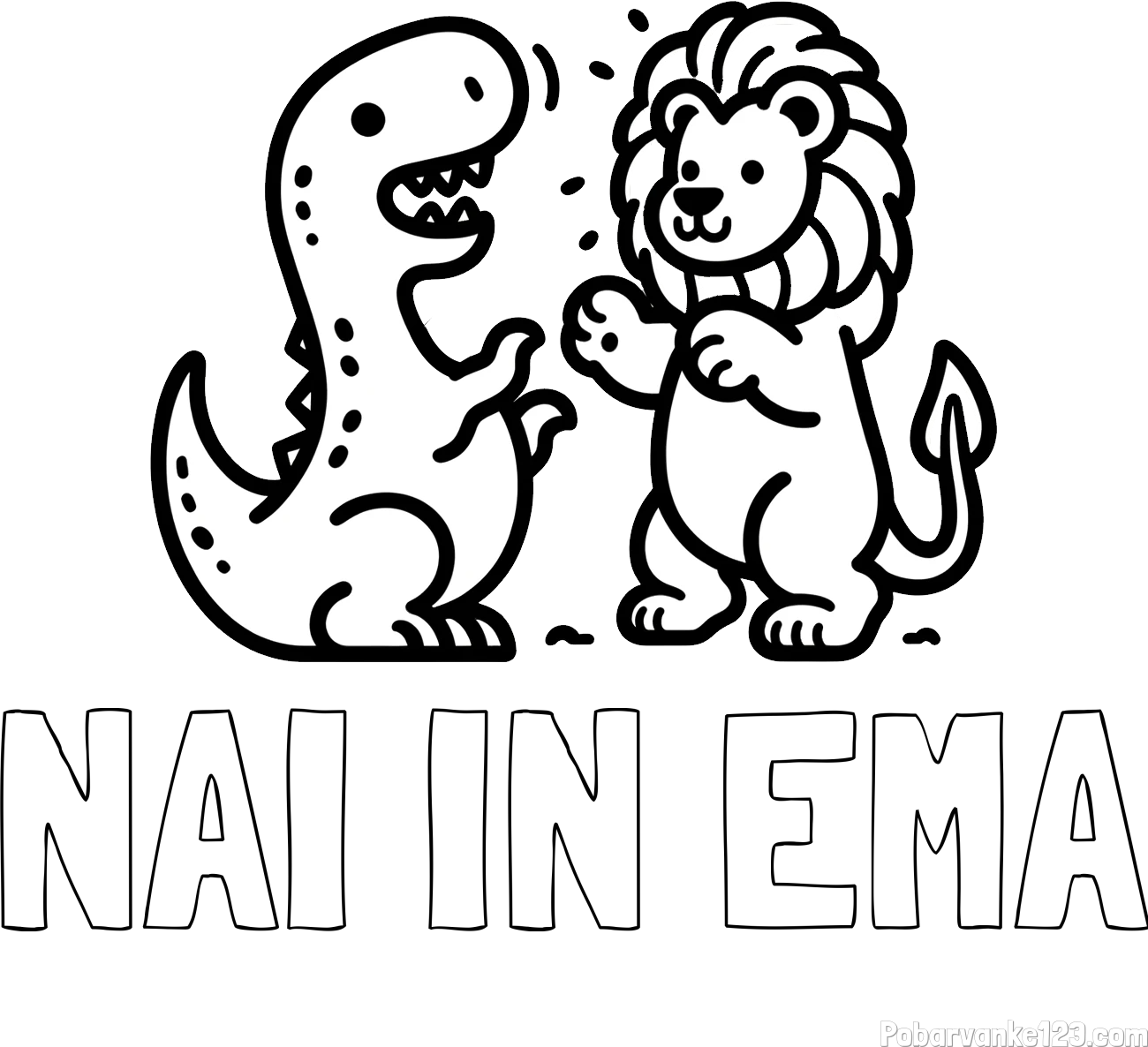 Pobarvanka imena NAI IN EMA in pobarvanka dinozavra, ki napada leva