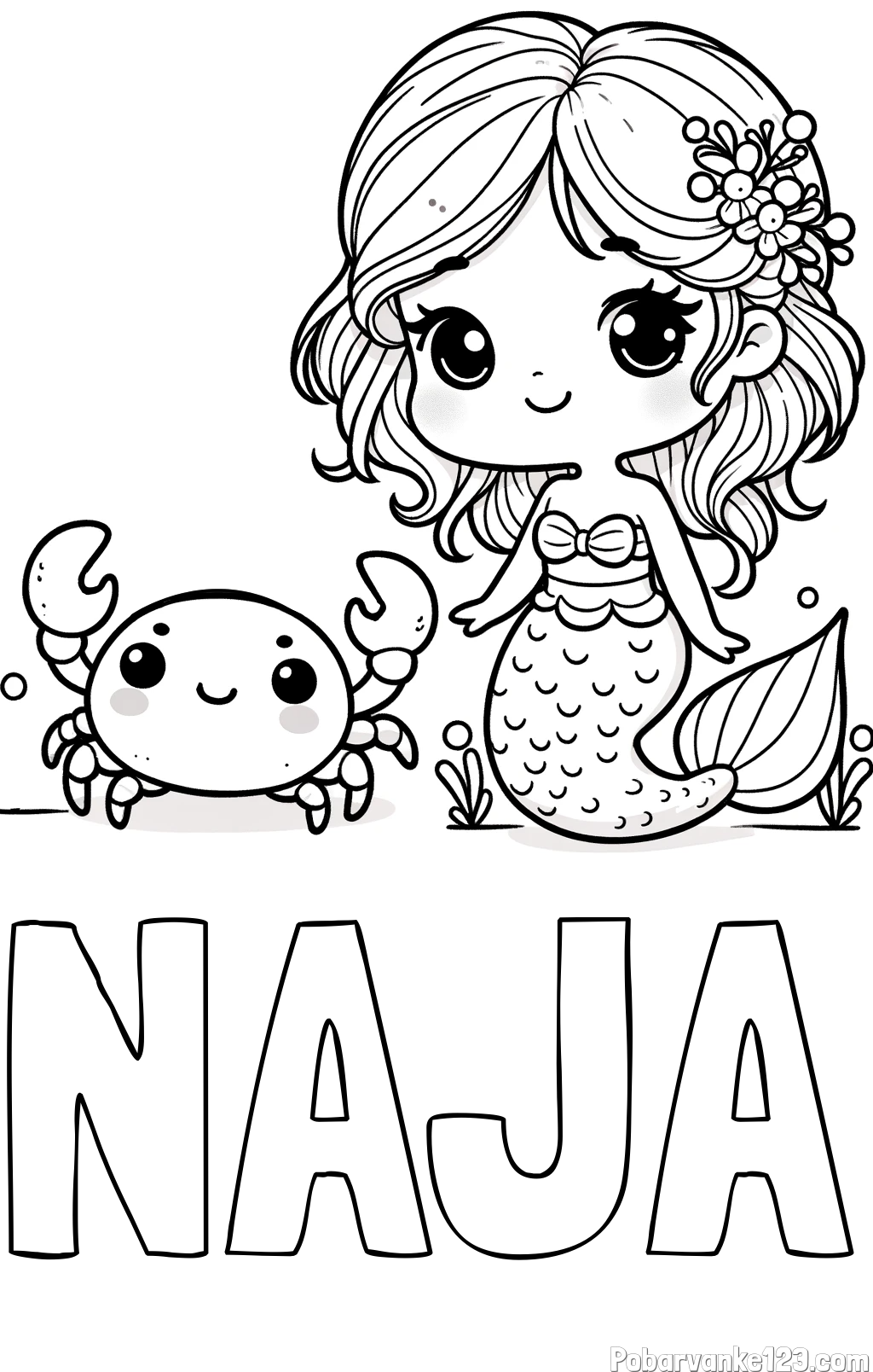 Pobarvanka imena NAJA in pobarvanka ljubke morske deklice in veselega raka
