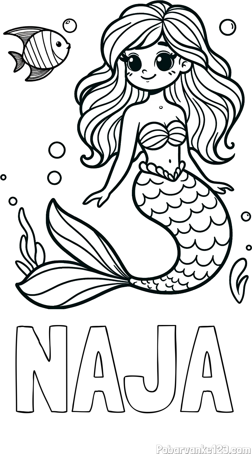 Pobarvanka imena NAJA in pobarvanka male morske deklice in ribice