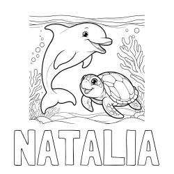 Online izdelana pobarvanka - Pobarvanka imena NATALIA in pobarvanka ljubkega delfina z želvo v morju