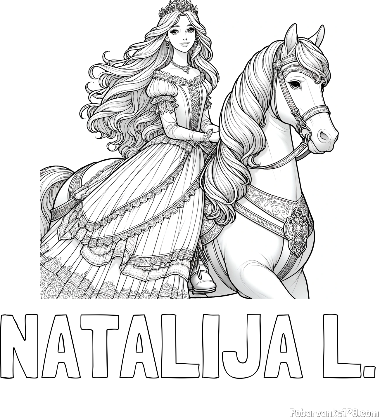 Pobarvanka imena NATALIJA L. in pobarvanka nasmejana princese na konju